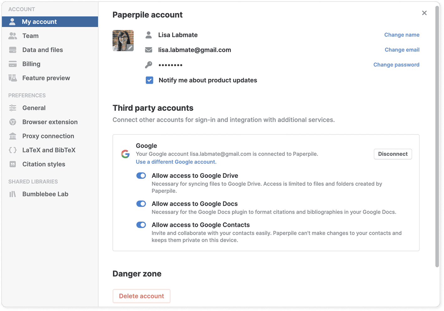 Settings › My account showing the profile photo, name, email and password rows with Change links, a “Notify me about product updates” checkbox, Google third-party toggles for Drive, Docs and Contacts, and a Danger zone with “Delete account”.